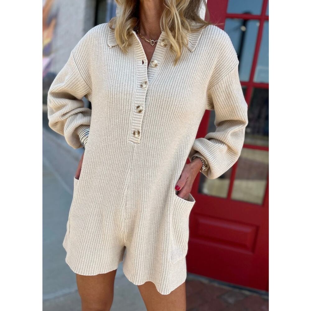 Blue Blush Cotton Blend Knit Fishermen Coastal Beige Polo Henley Romper MEDIUM - Picture 11 of 11